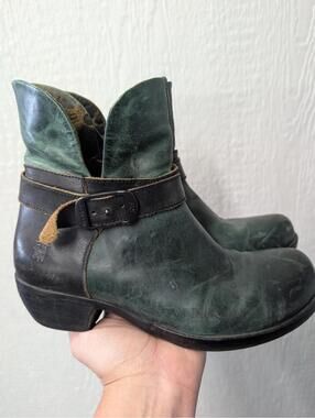 Fly London Green Leather Chunky Ankle Zipper Strappy Boots Size 40 US 10